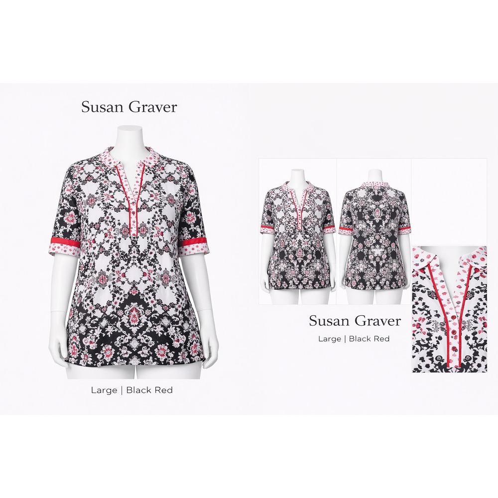 Susan Graver Womens Large Black Red Damask Floral Rayon Short Sleeve Henley